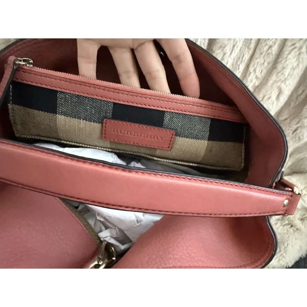 Burberry Grainy Calfskin Canvas Mega Check Medium Ashby Tassel Hobo Pink
